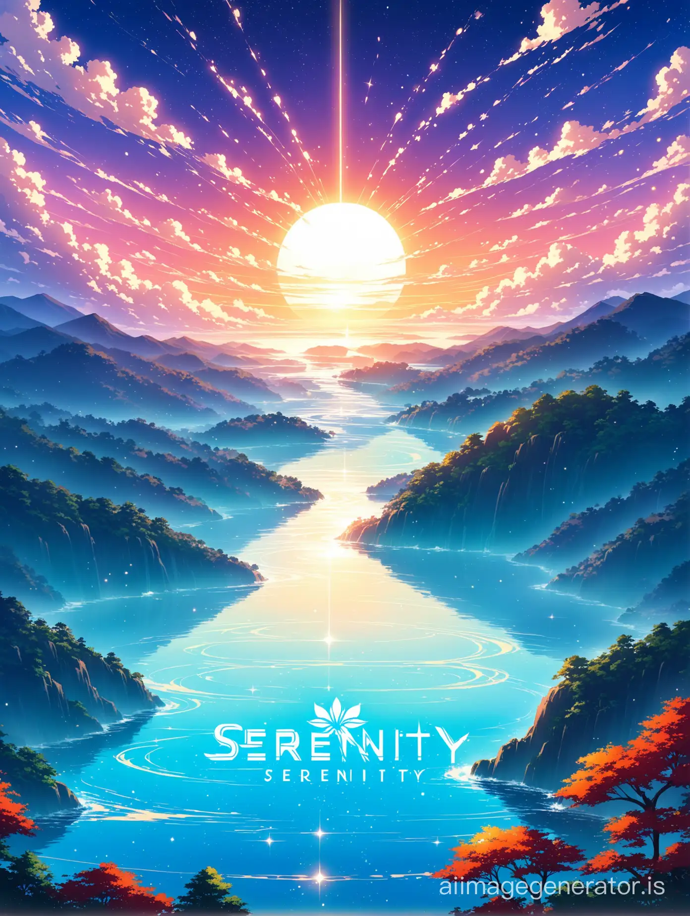 Create a captivating logo for 'Serenity,' an anime streaming website. Incorporate elements that evoke tranquility and elegance while capturing the vibrant energy and excitement of anime culture. Consider integrating serene landscapes, graceful motifs, and fluid typography to convey a sense of calmness and sophistication. The logo should resonate with anime enthusiasts, inviting them into a world of immersive entertainment and serenity.