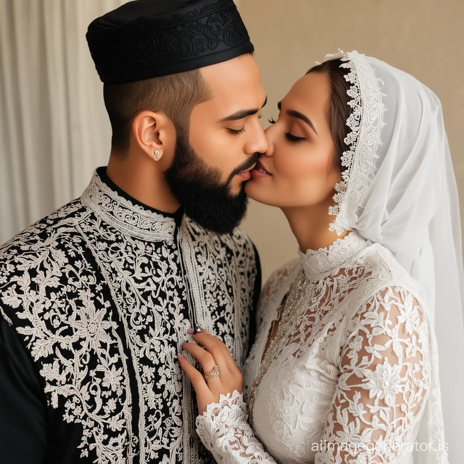 a Muslim woman with a beautiful face wearing a hijab, wearing a loose black floor-length Muslim dress with white lace ornaments and kissing a 35 year old man with a neat beard and buzz cut hair who seems to be her new husband.