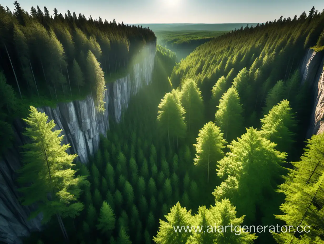 the view from the cliff is of a huge, green forest, with tall trees, illuminated by the bright sun.