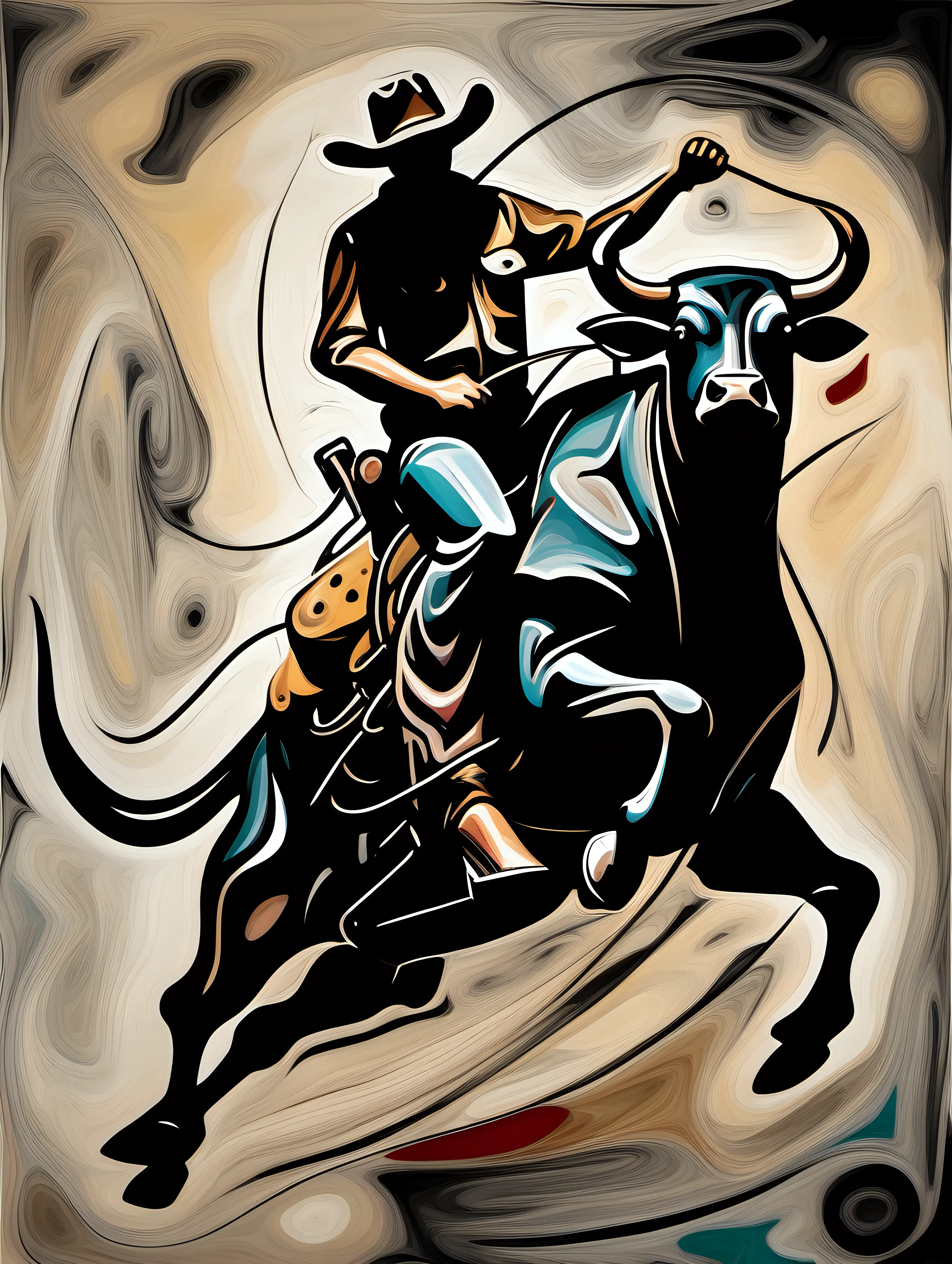 Bold Cowboy Bull Riding in Abstract Expressionist Art