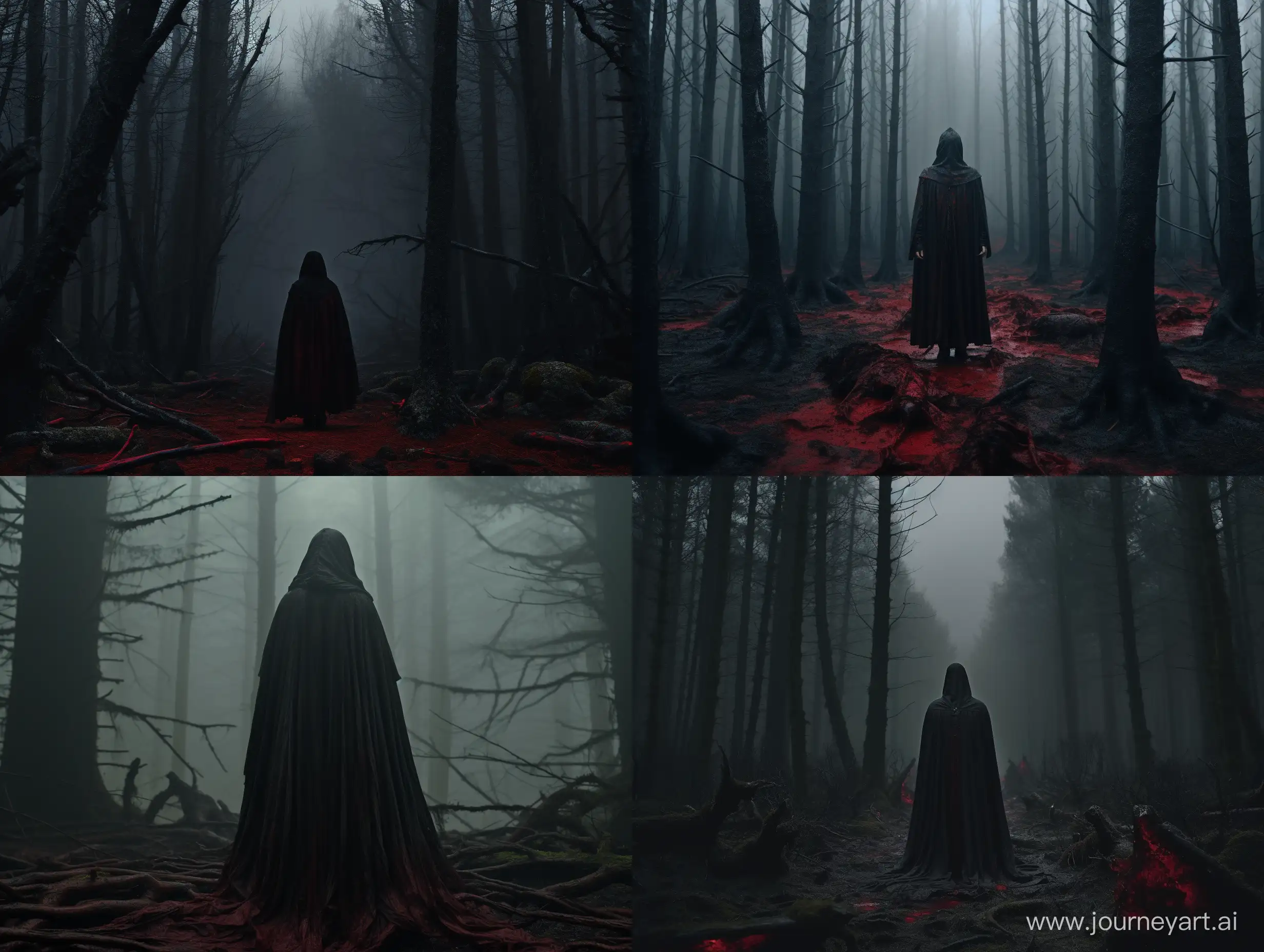 окровавленный человек в плаще стоит в сосновом темном лесу спиной в туман 