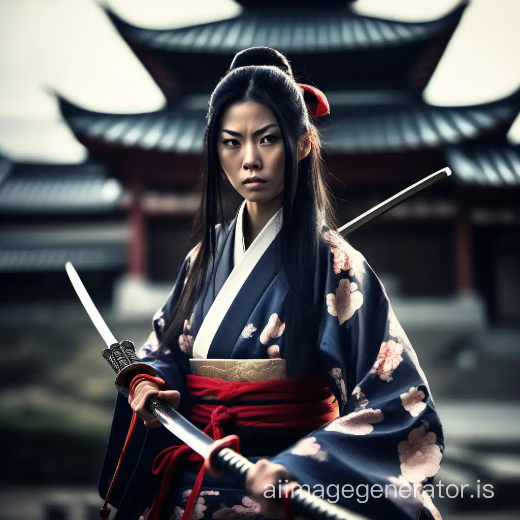 Lady samurai holding katana and behind her is a castle with pagoda, she looks furious, long black hair, soft skin, Japanese dress, photo-realistic image, high detail, sharp and focused image, Hasselblad natural color science processing, medium format camera sensor, depth of field, 90 f 2 XDC lens used, natural lighting