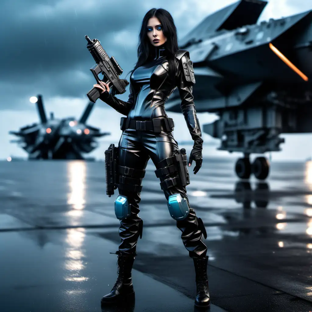 full body shot. detailed attractive futuristic female soldier with detailed black long hair and light blue eyes wearing detailed futuristic black clothes holding a handgun with one hand only. Background is a detailed aircraft carrier at night in the rain
