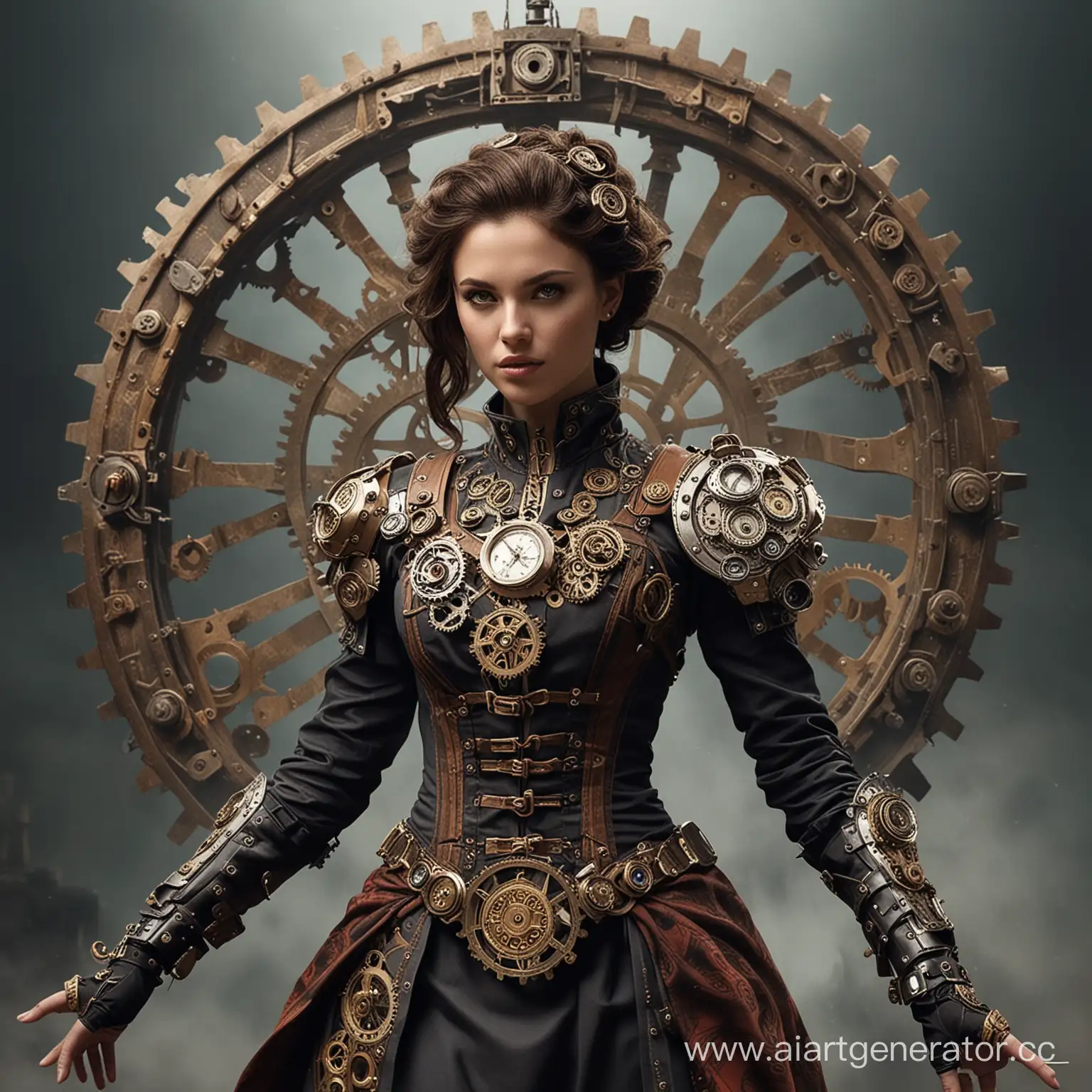 Chrono Conqueror: Manipulates time to alter events and rewrite history. Costume: Clockwork-inspired attire with gears and cogs protruding from the fabric, a swirling vortex motif representing the manipulation of time...  Make it cinematic 