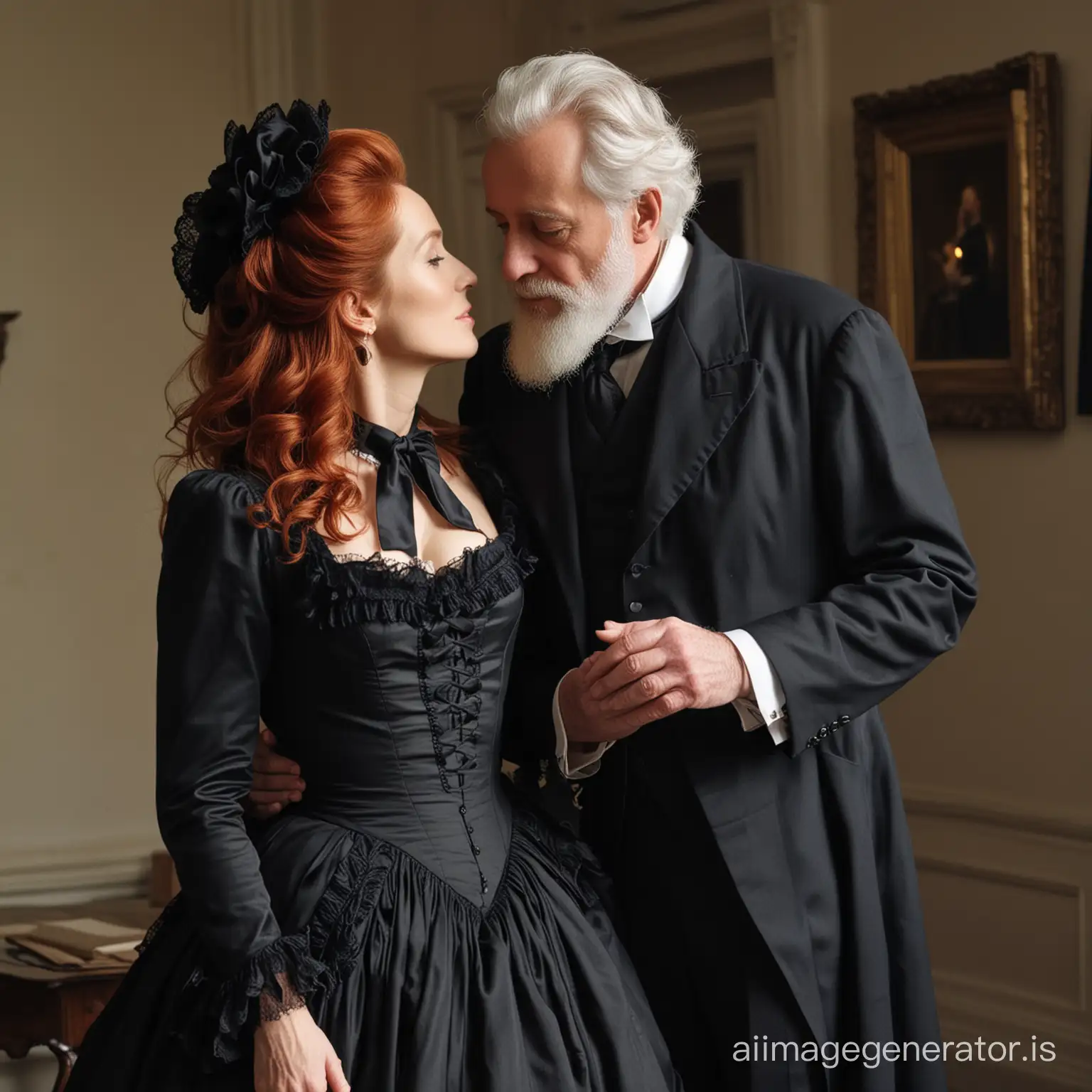 red hair Gillian Anderson wearing a black floor-length loose billowing 1860 victorian crinoline dress with  a frilly bonnet kissing an old man who seems to be her newlywed husband
