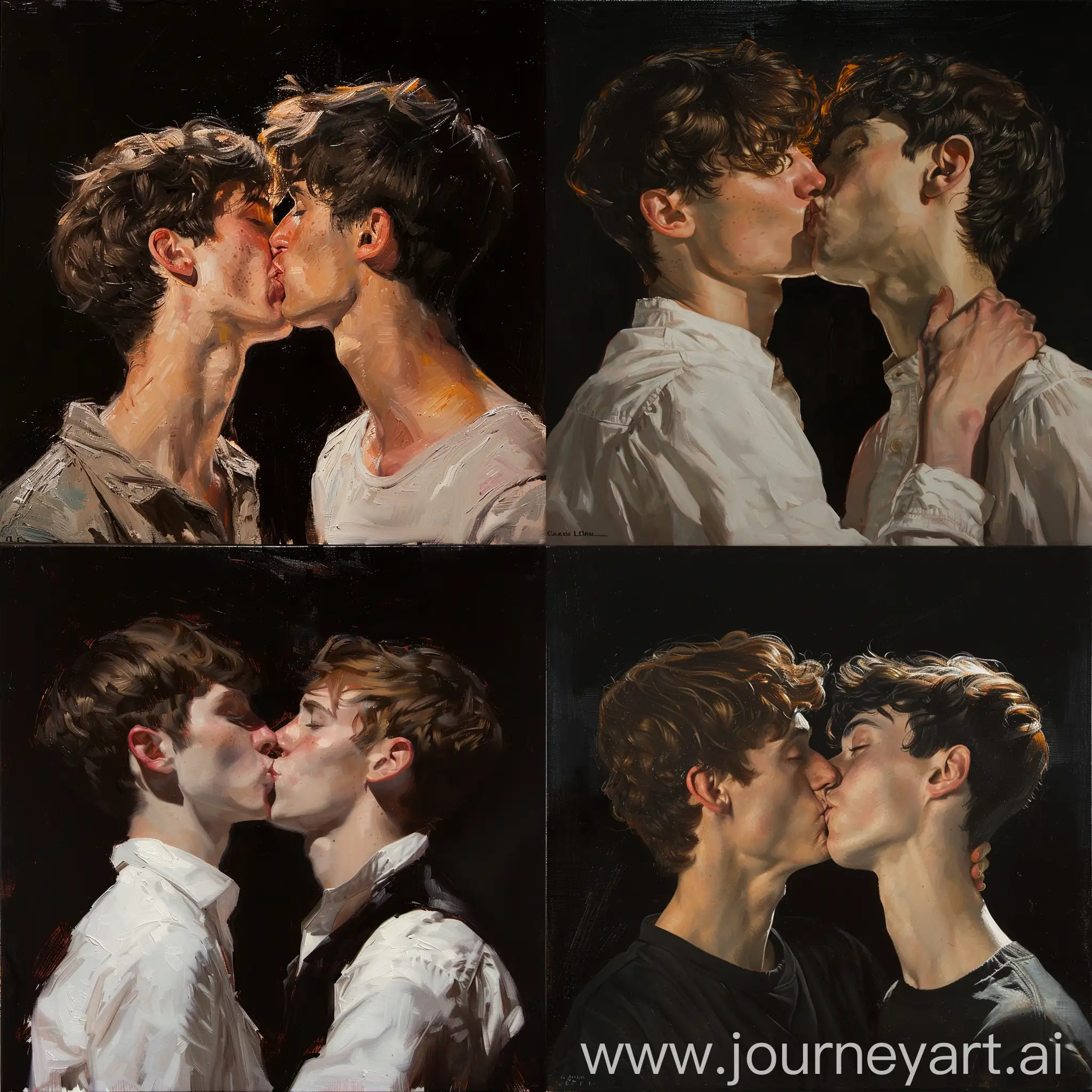 Oil sketch of a two young men kissing, wlop John singer Sargent, jeremy lipkin and rob rey, range murata jeremy lipking, John singer Sargent, black background, jeremy lipkin, lensculture portrait awards, casey baugh and james jean, detailed realism in painting, award-winning portrait, amazingly detailed oil painting
