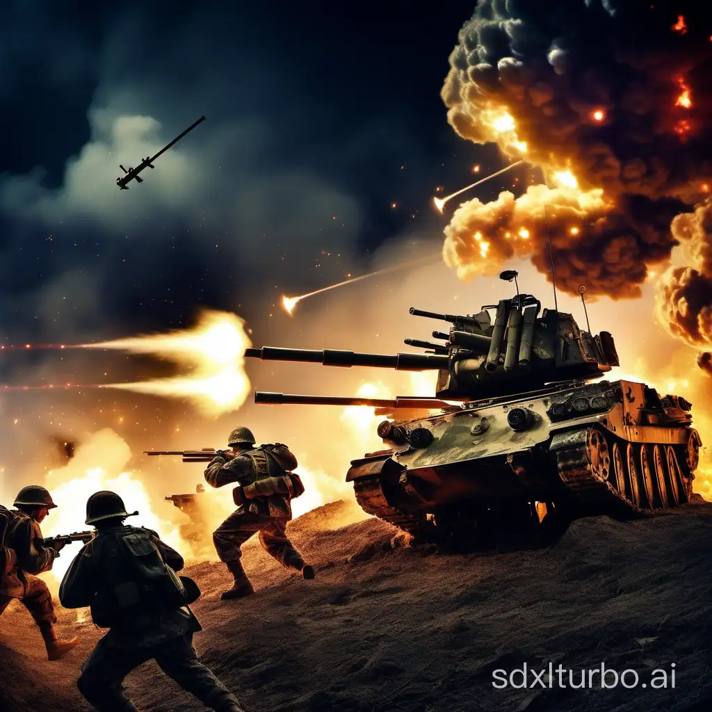 fight, error, fire, at night, multiple shot, multiple target, artillery, look sky, handsome soldiers, probability