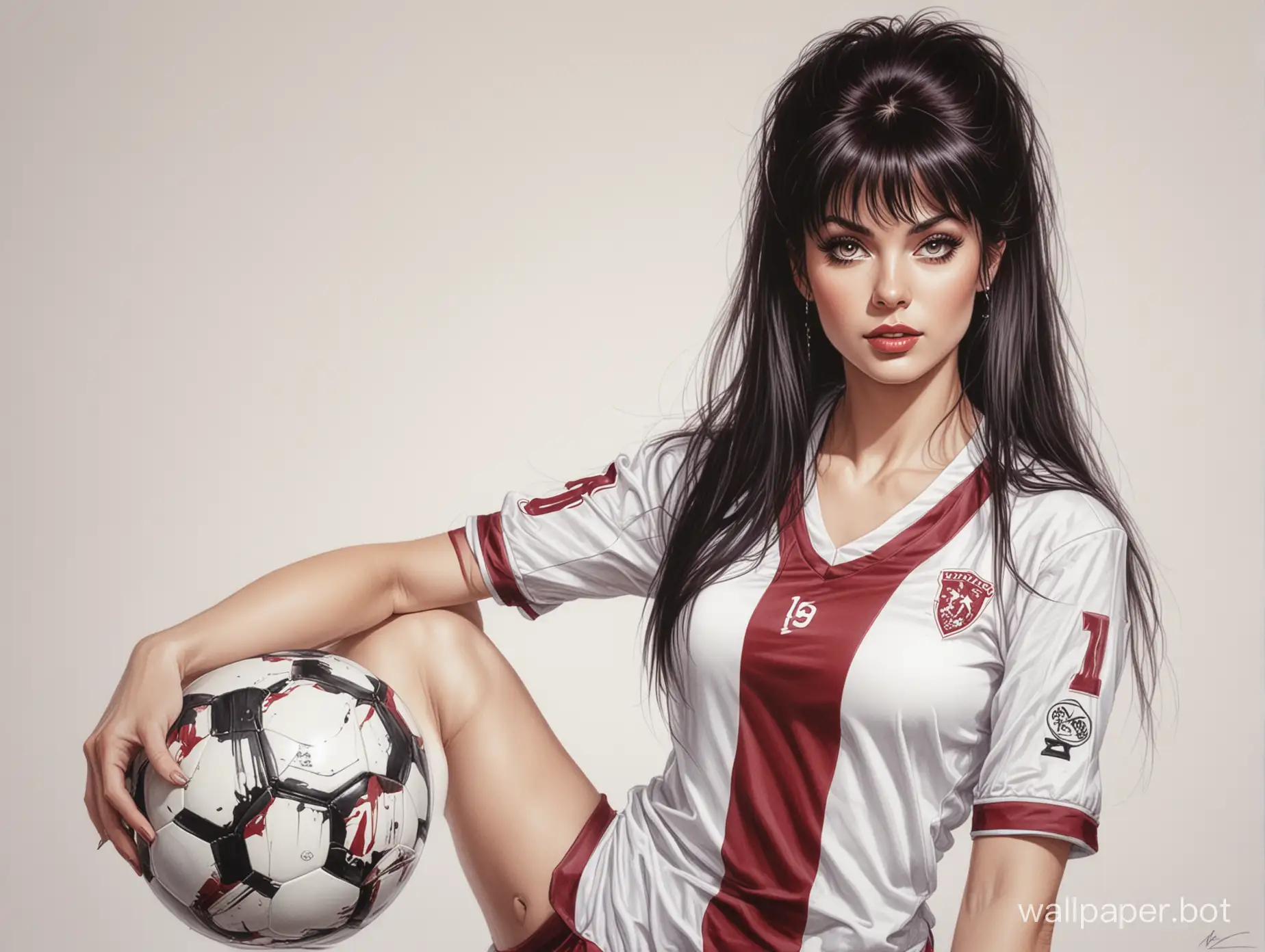 Sketch Elvira 19 years old dark hair 4th size breasts narrow waist in white-burgundy soccer uniform on a white background high-realistic marker drawing in the style of Luis Royo portrait 16K