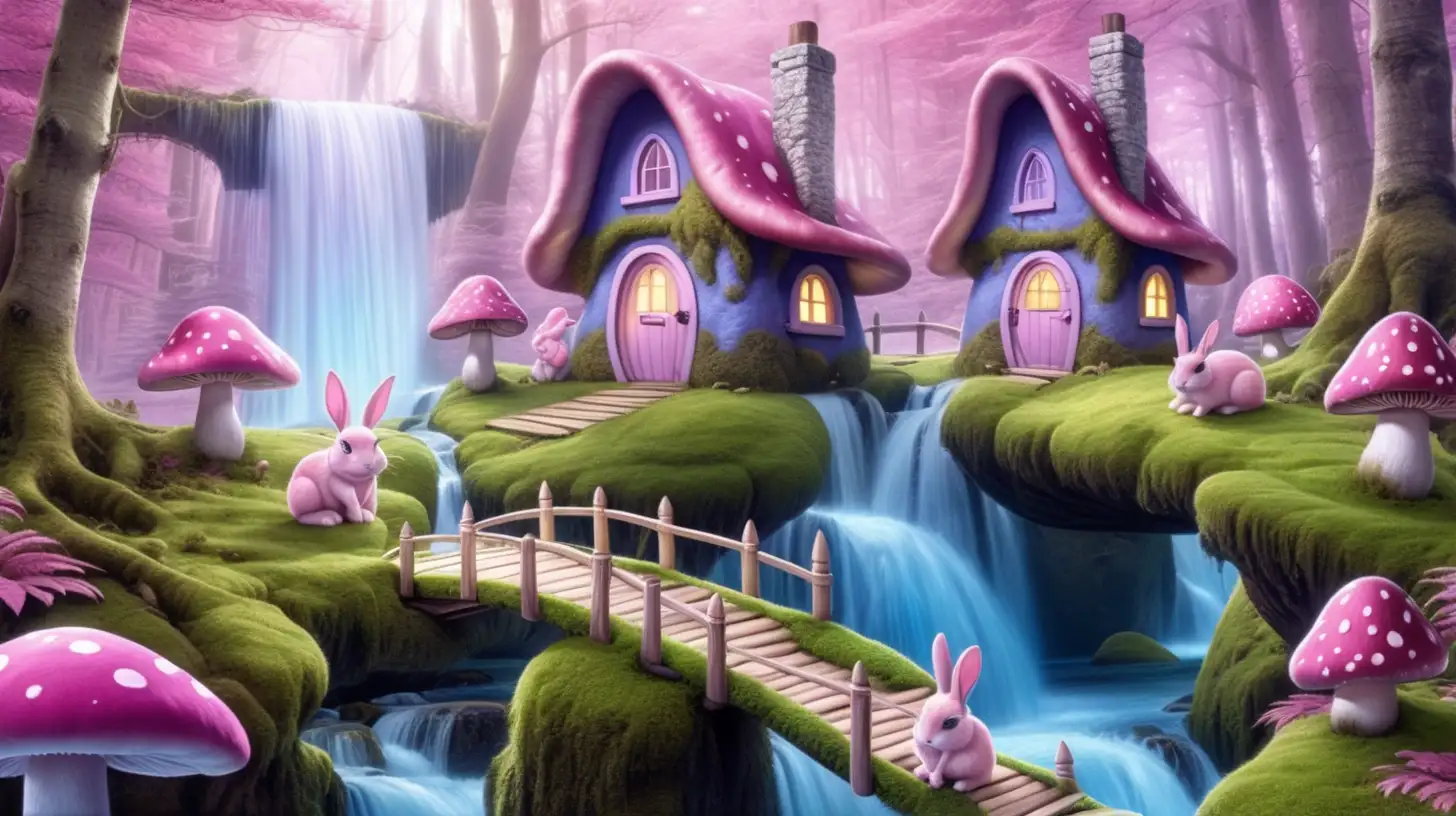 Enchanting Pink Mushroom Cottages Whimsical Forest Scene with a Realistic Pink Rabbit and Waterfall