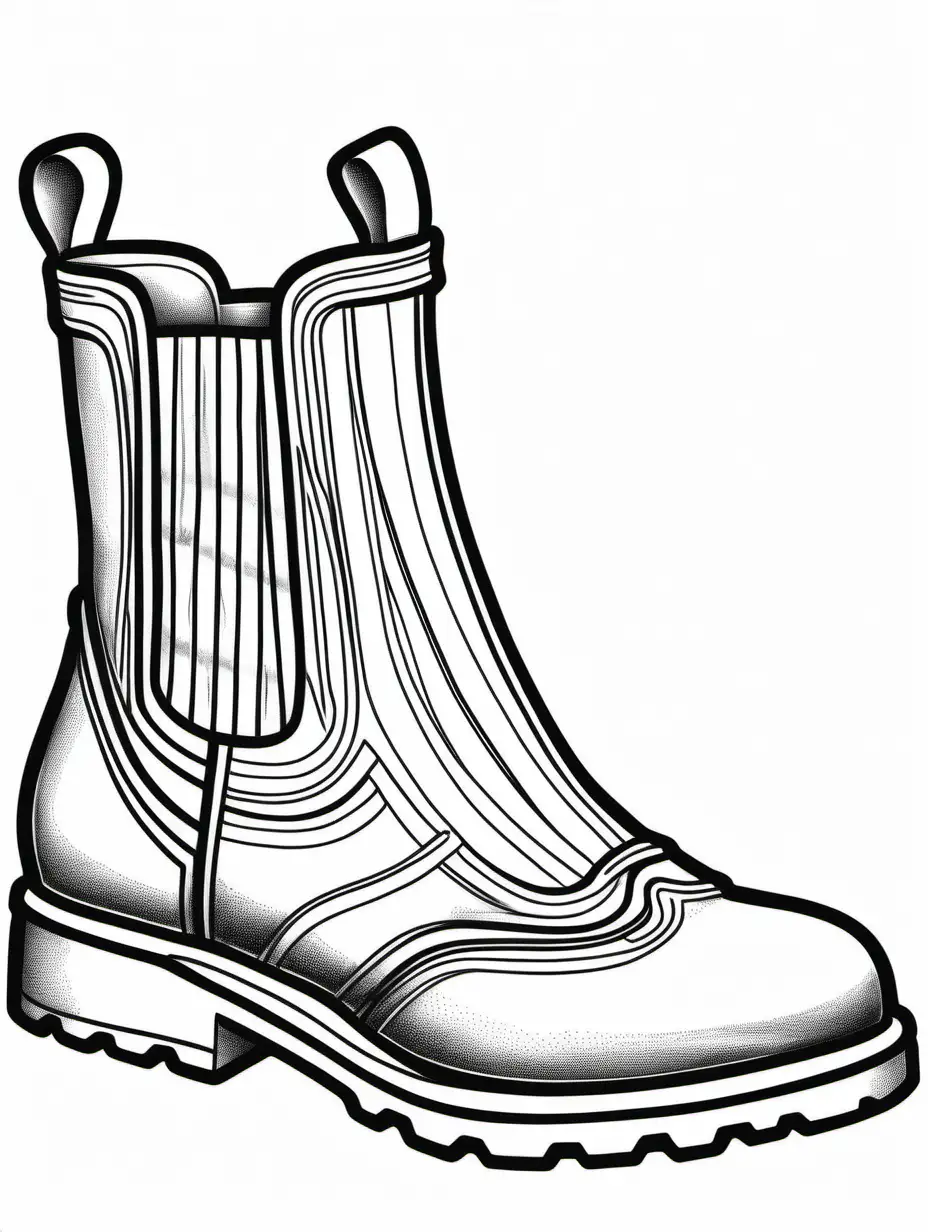 pair of chelsea boots  coloring book, black and white, line art, thick black lines no background no logo
