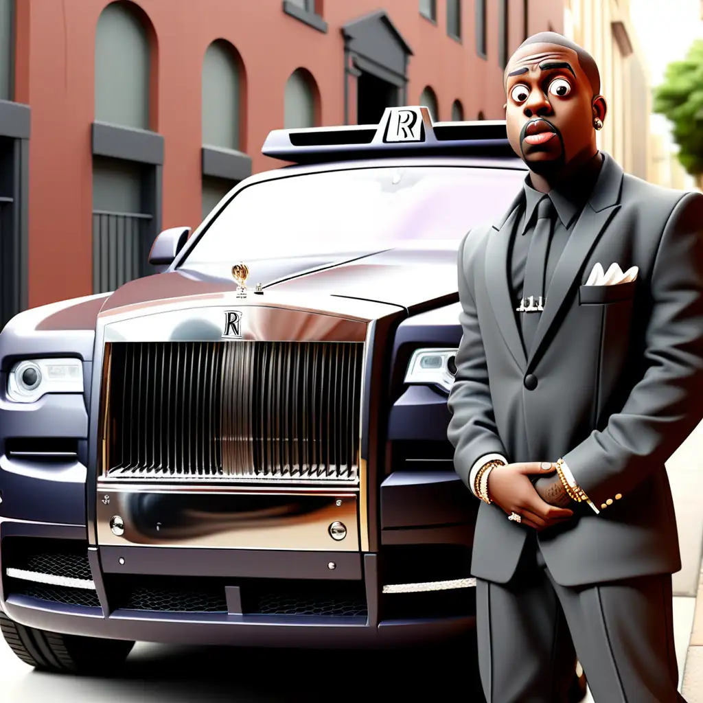 Generate a promo image for a comedy TV show about a black rapper in his early thirties in shock because his Rolls Royce is being towed away.  