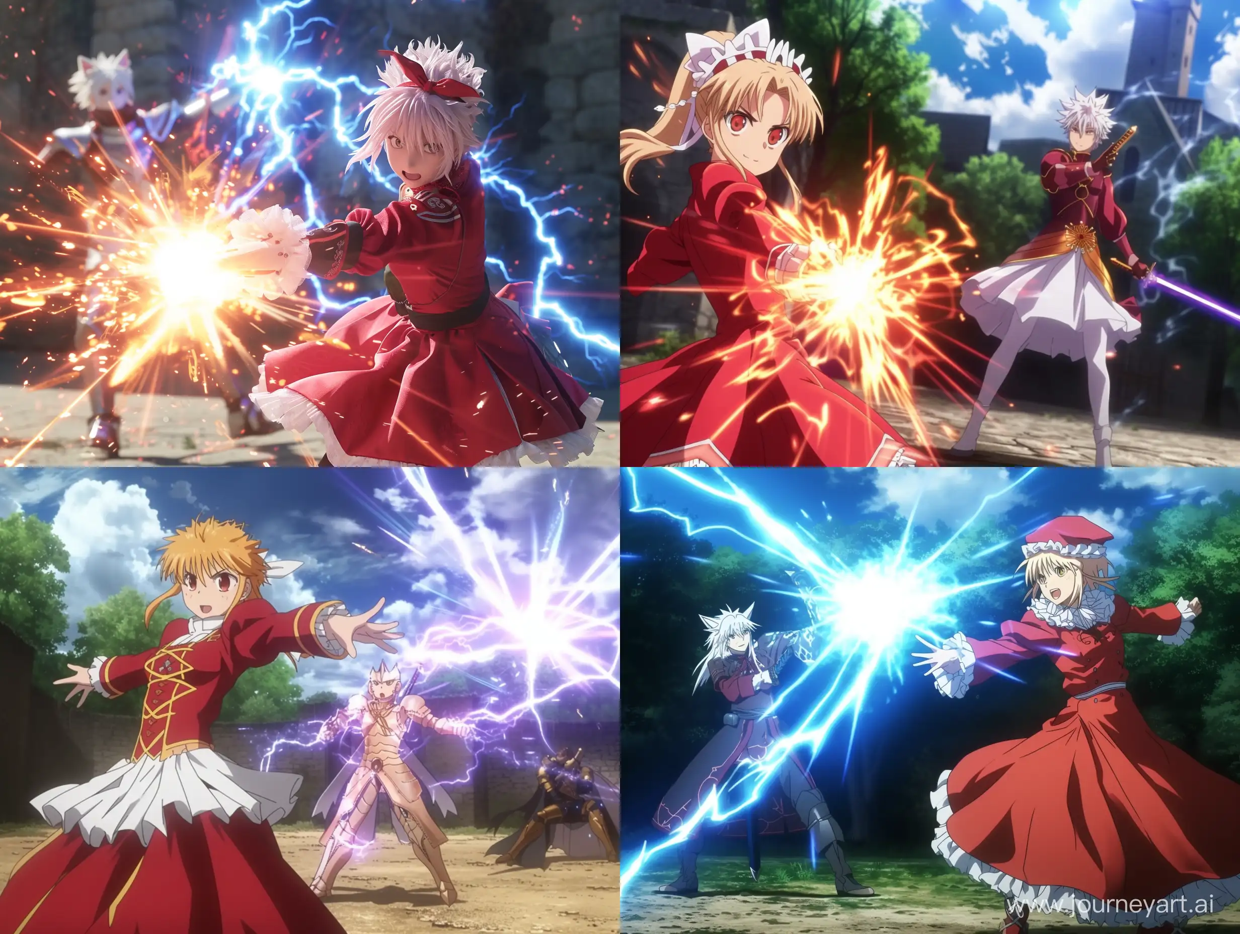 Shirou emiya dressed as a magical girl and emitting magical energy in front of Saber 