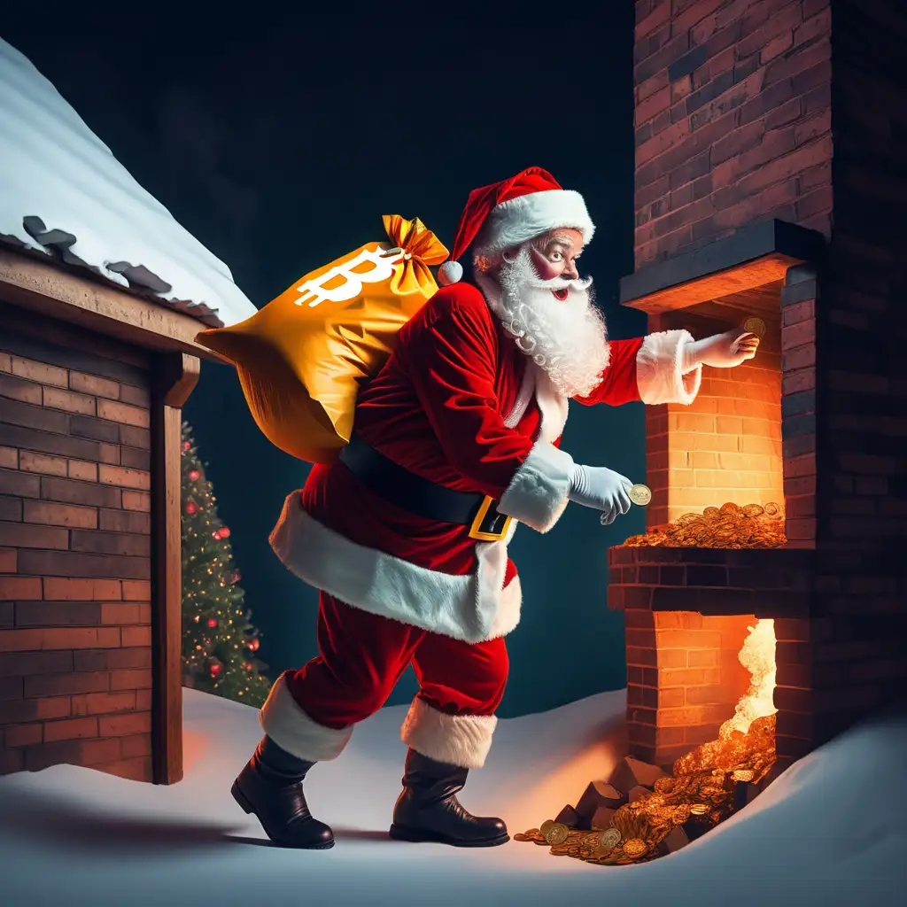 Santa Claus Entering Chimney with Bitcoin Bag