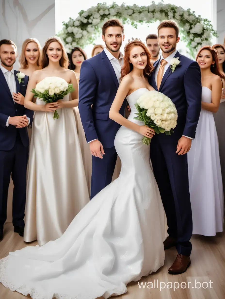 This is a real photo taken at the wedding venue. The men are very handsome and the women are very beautiful. There was a wedding crowd after their birth, with the man holding the woman and the woman holding flowers. The whole picture presents a festive scene.
Caucasian