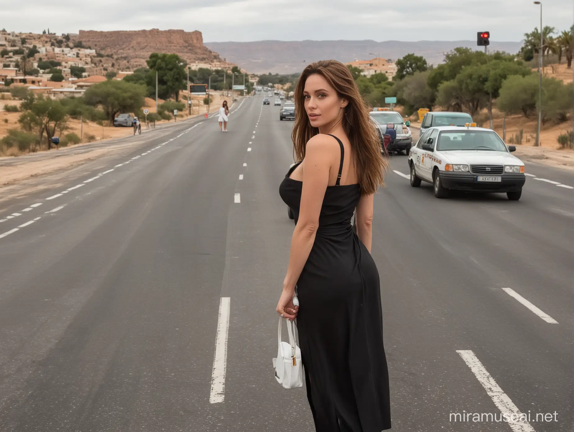 angelina joulie standing on the road waiting for taxi
