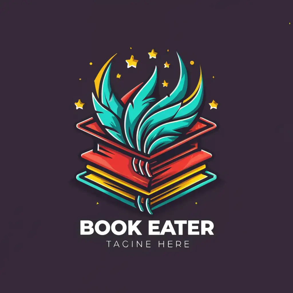 a logo design,with the text "a 3d like book with feather pages, vivid colors and stars", main symbol:book eater,complex,clear background