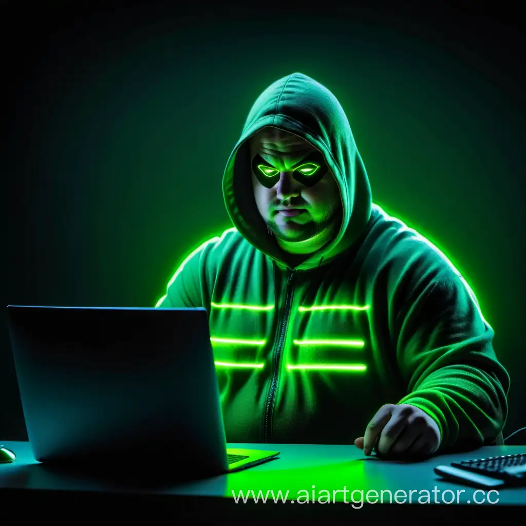 Fatman, hacker, work with computer, neon green back