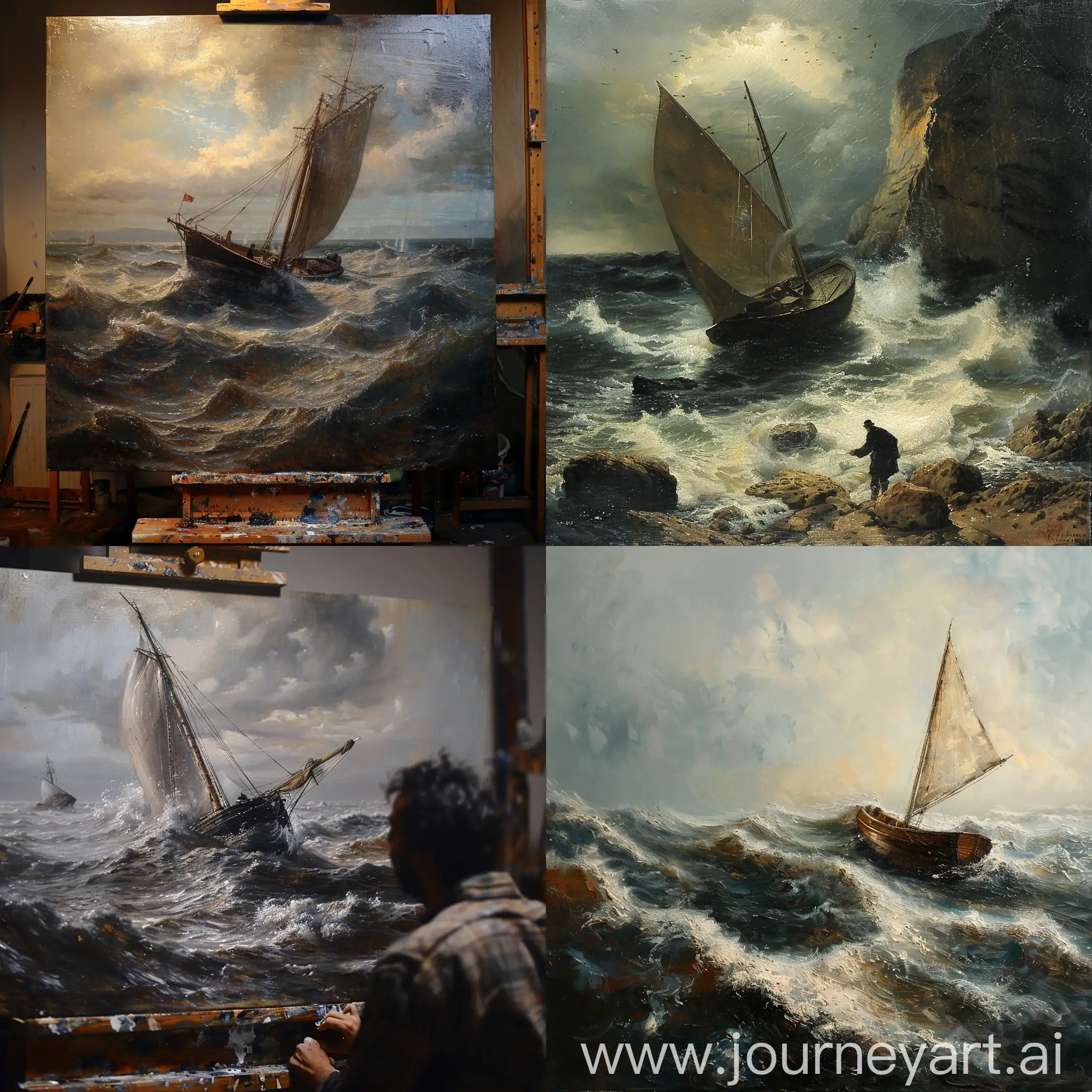 El estudio de un pintor, un cuadro de una marina con fuerte marejada con un barco,  el barco sale literalmente del cuadro como si fuera real, en escorzo