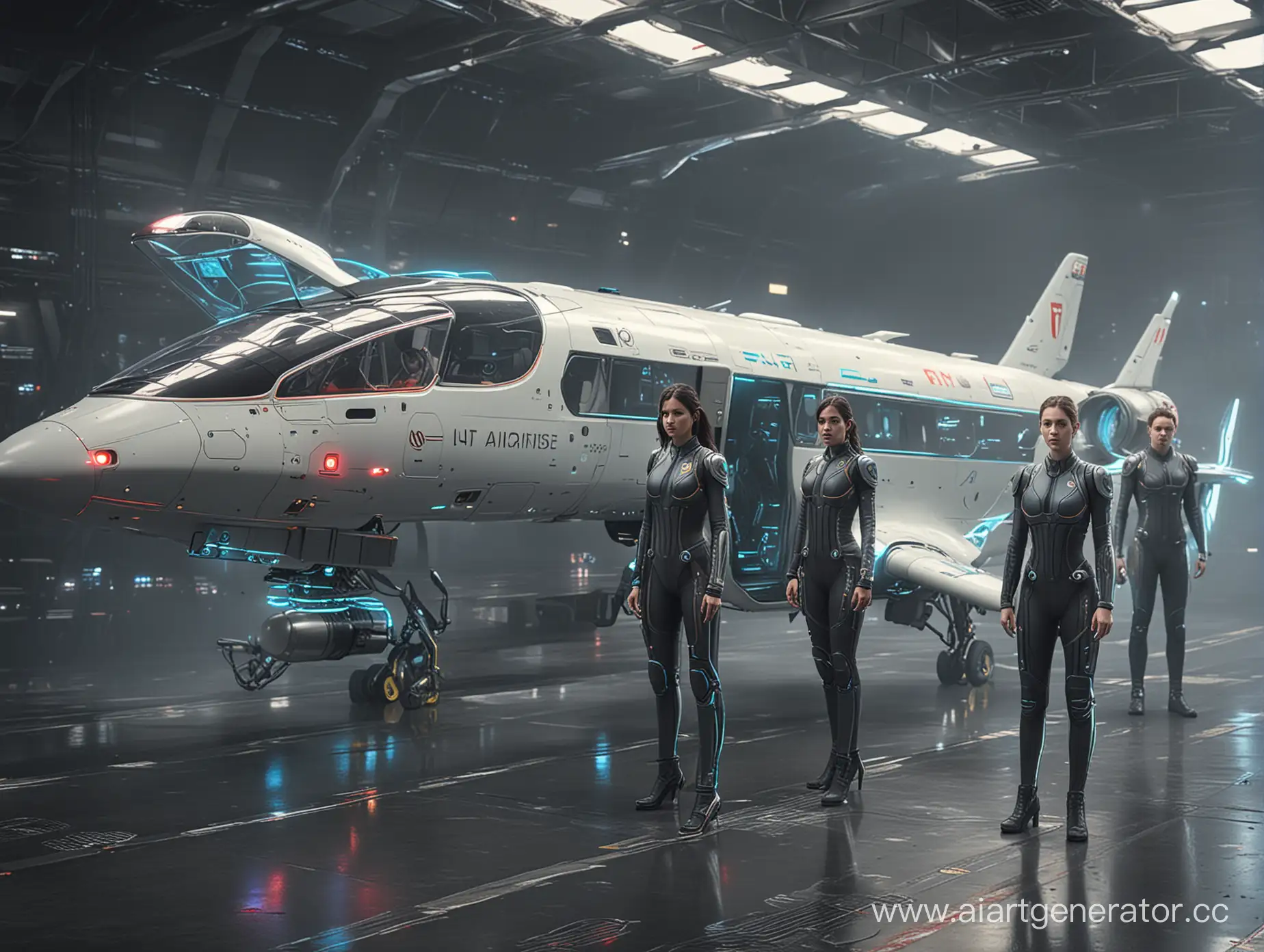 экипаж самолета будущего, инопланетные технологии, голограммы, неоновые трубки и ленты, люки, фонарики, пассажиры: style: futuristic; v_model: v4; height: 1280; width: 720