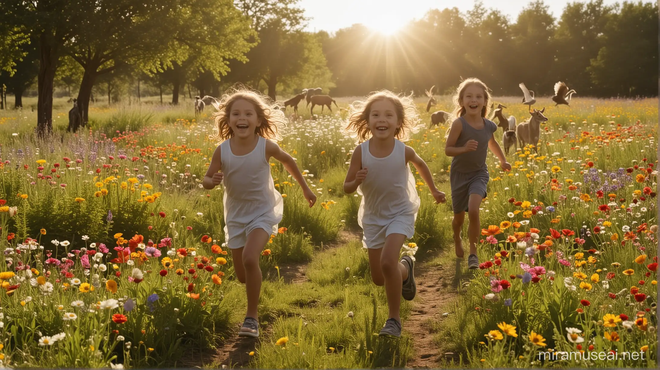 kids running among diverse flowers with different animals and there is sunshine among them 