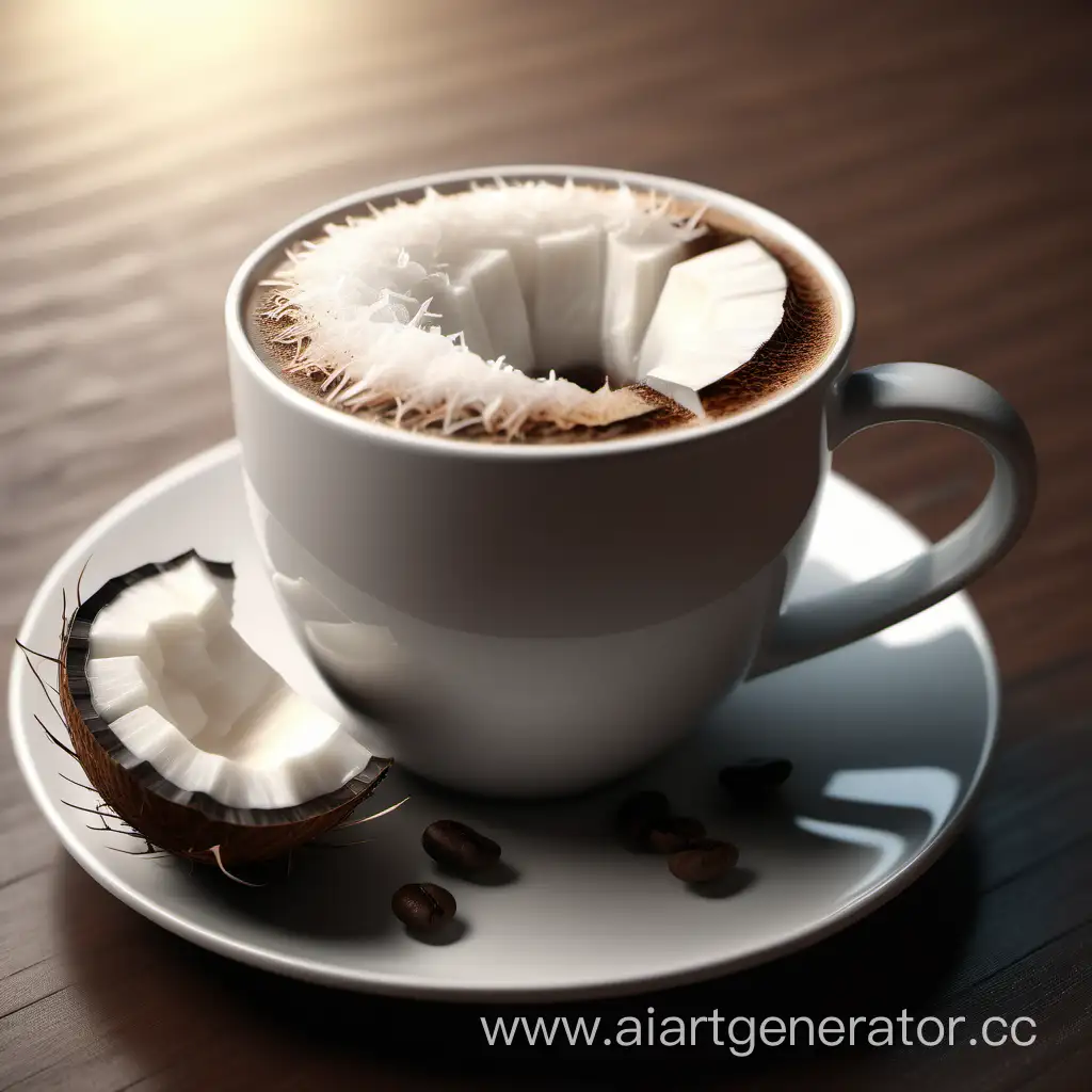 Чашка кофе, перед чашкой лежит кусочек кокоса, вид сбоку, фотореалистично, 4k