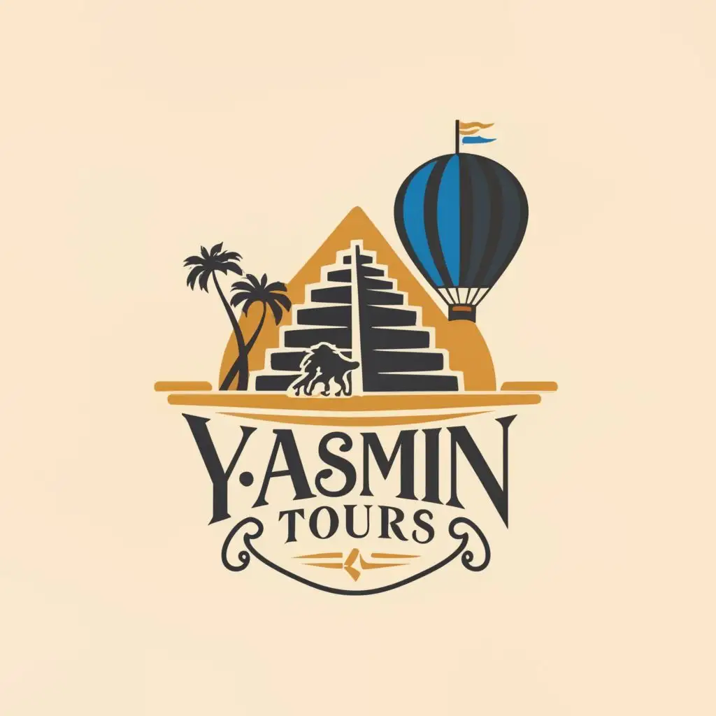 logo, A simple silhouette of a pyramid, possibly with a hot air balloon or camel caravan beside it., with the text "Yasmin Tours", typography, be used in Travel industry