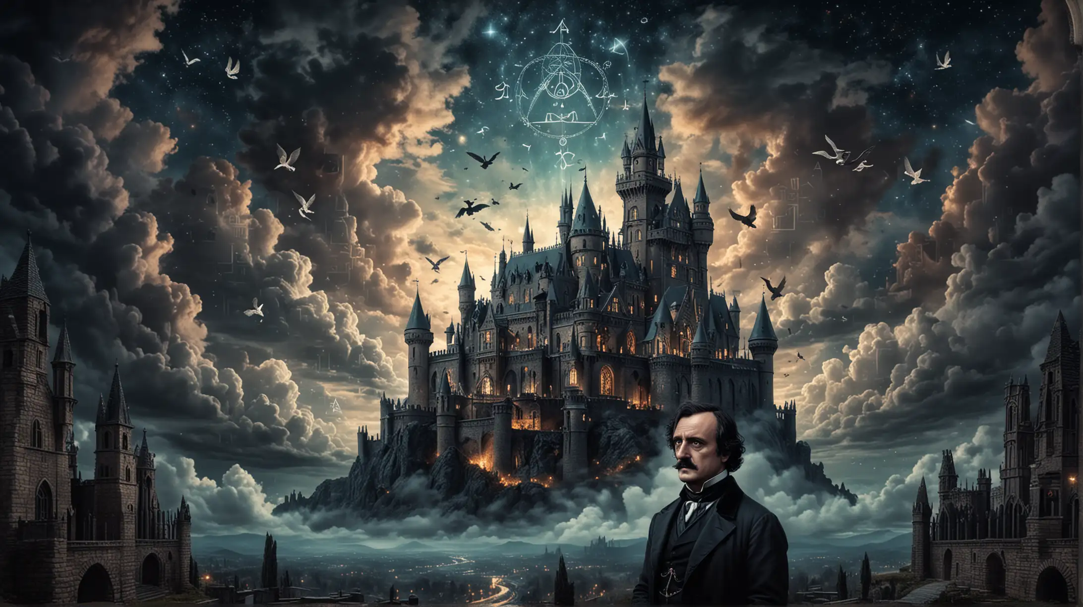 Edgar Allan Poe in front of a gothic castle with high magic Enochian symbols and  clouds in a night sky 