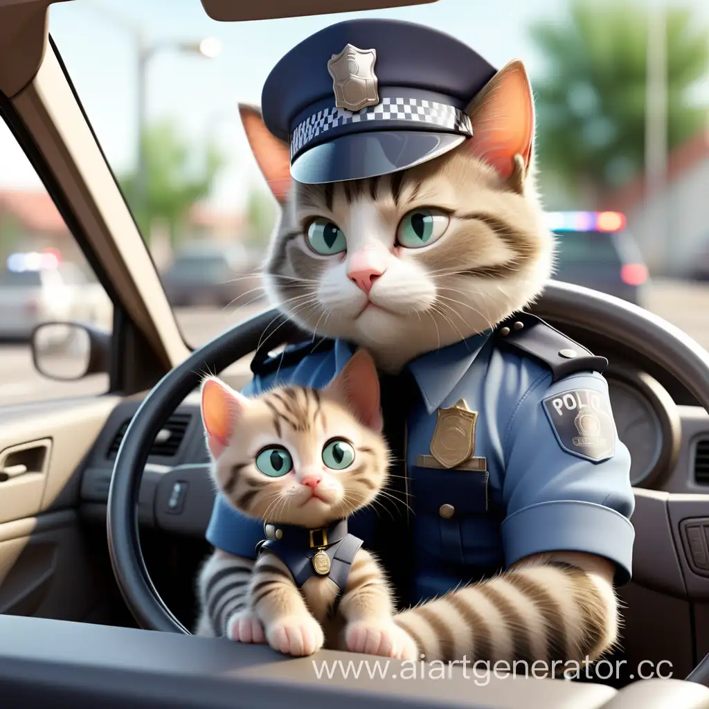 Папа кот едет за рулем в машине в полицейской форме с маленьким котенком
