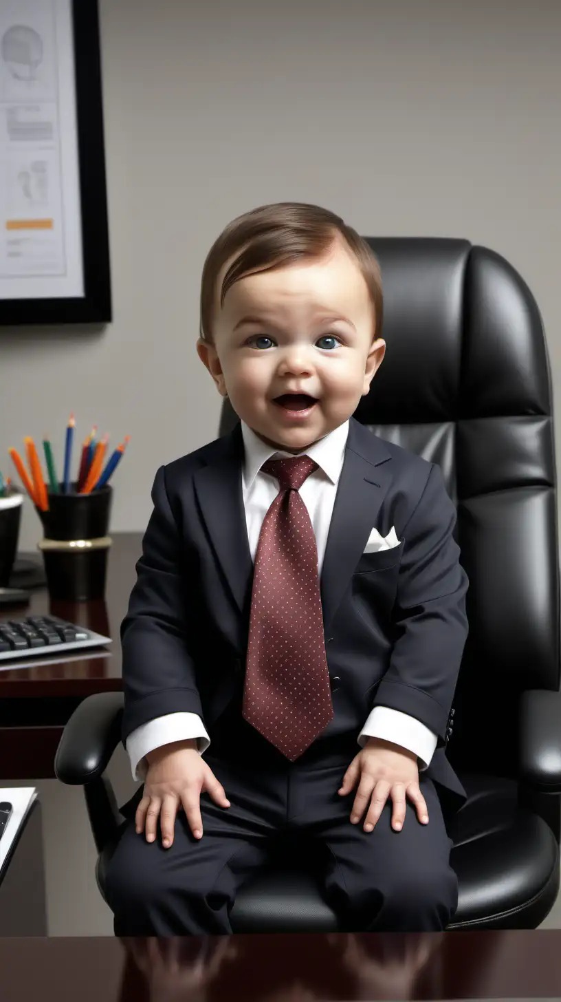 Generate a photorealistic image of a Caucasian baby with clear and smooth facial features, dark hair, dressed in an elegant business suit complete with a tie. Place the baby behind a CEO desk in a professional office setting. The desk should have typical office items like a computer, papers, and a desk lamp. Ensure that the baby's expression exudes joy and blends childhood innocence with a sophisticated style. Pay attention to details, lighting, and realism to create a charming contrast between the formal attire and the professional office environment.
