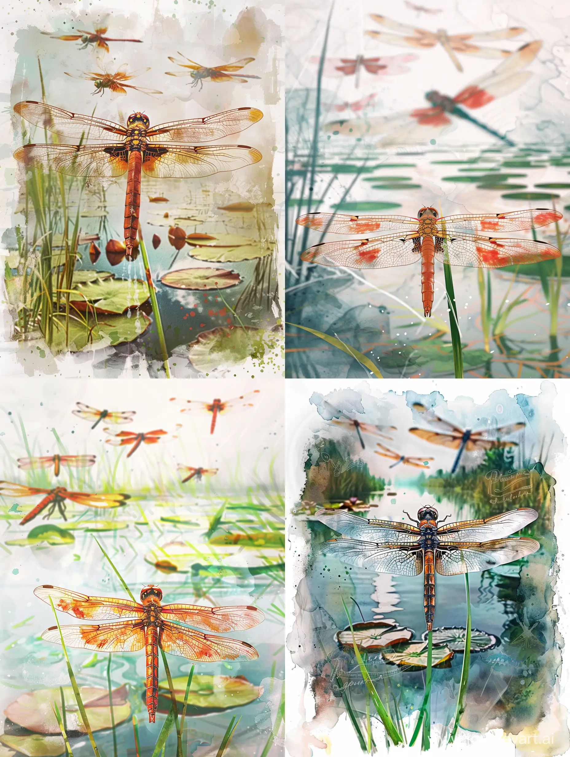 Dragonfly-Sitting-on-Blade-of-Grass-in-Watercolor-Style