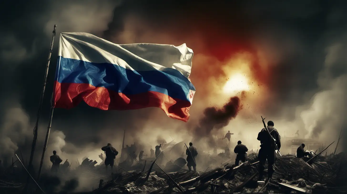 atmosfera wojny i horroru, na niebie powiewa wielka rosyjska flaga, dym i śmierć