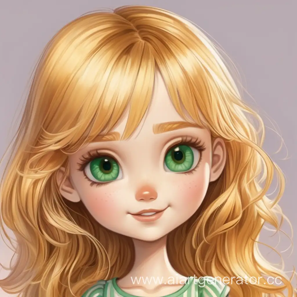 нарисуй девочку с зелеными глазами золотыми волосами кукольным личиком и веселым нравом которая любит маму