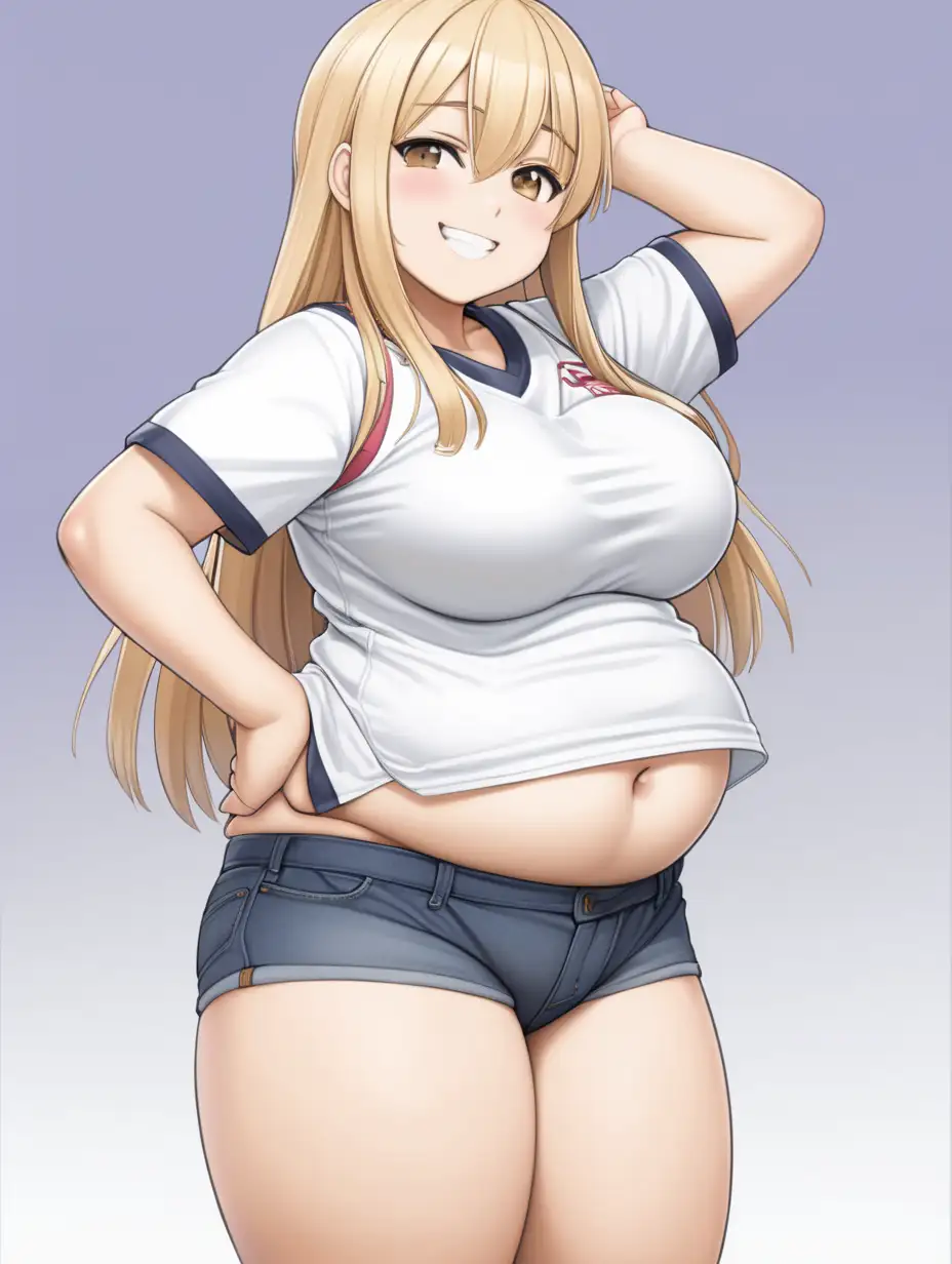 Tan skin, plump girl, tomboy, casual clothes, blond hair, straight hair, huge ass, tight clothes, anime, chibbi, smile, showing belly, 
