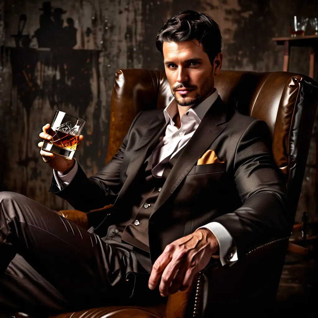 Stylish Man in Suit Enjoying Whiskey in Chair