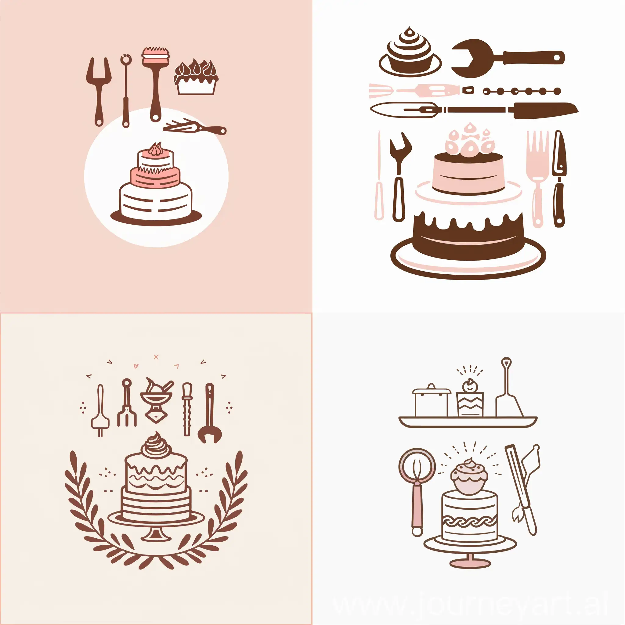  logo minimalist whith a cake in center, with bakery tools above, everthing centered, white pink and clean brown tones, vector, png, svg