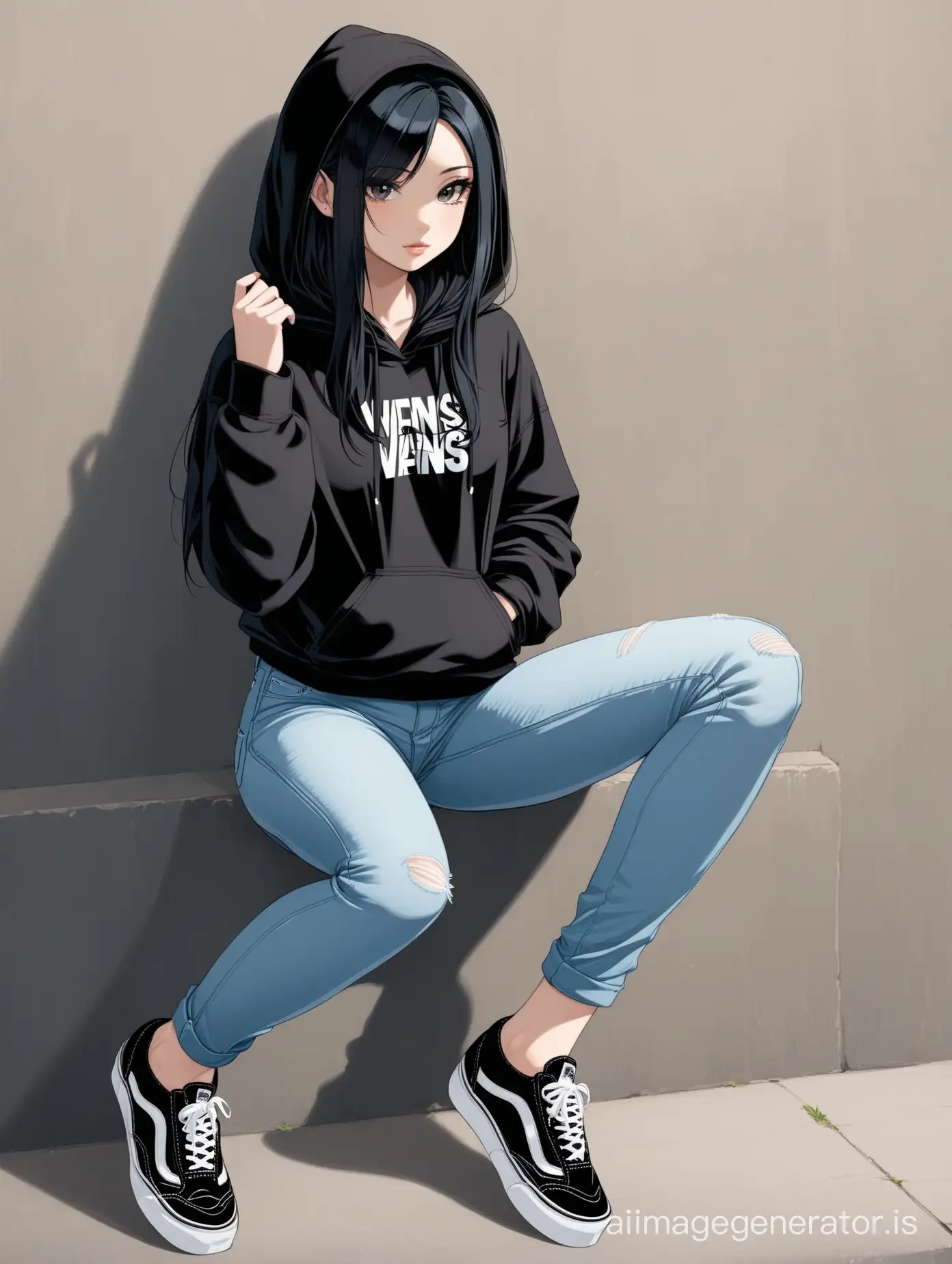 girl with black hair, hood, jeans, vans sneakers.