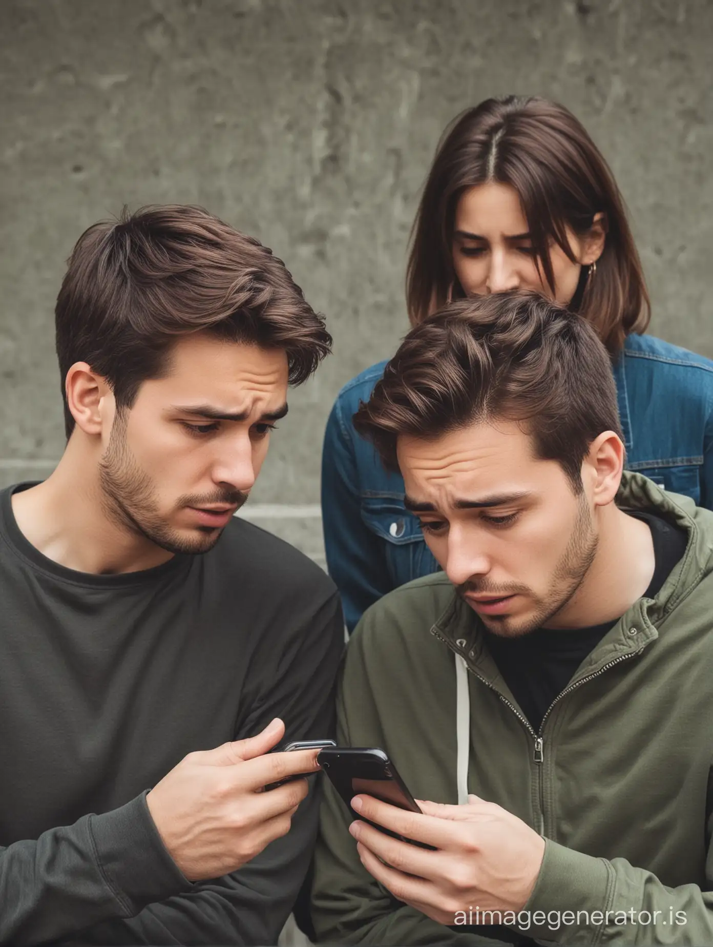 A friend is showing something on his mobile to another friend and both are worried