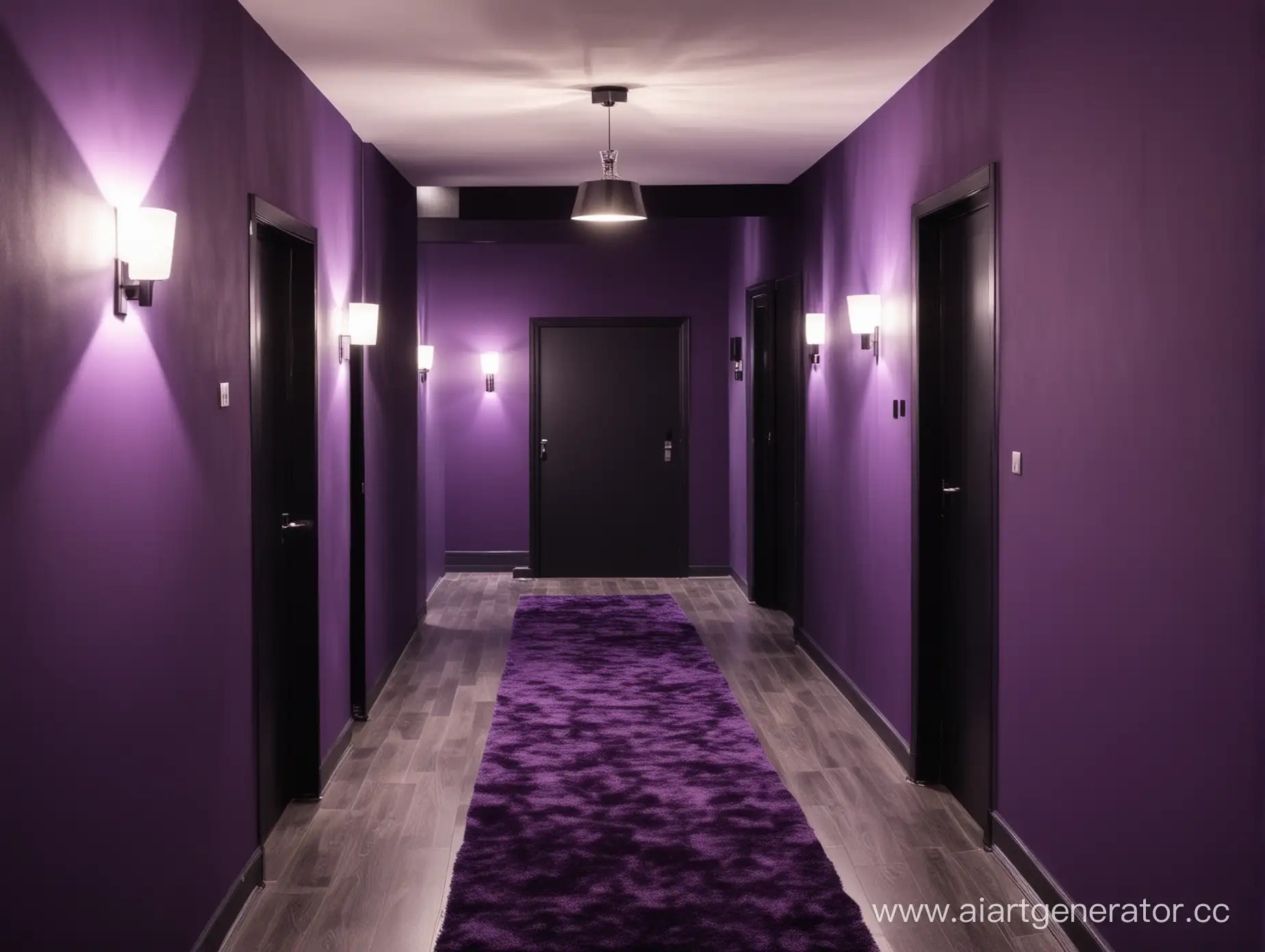 Modern-Apartment-Corridor-with-Violet-Walls-and-Black-Shadows