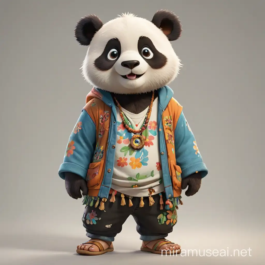 a cute panda in full body cartoon style with Hippie clothes with clear background