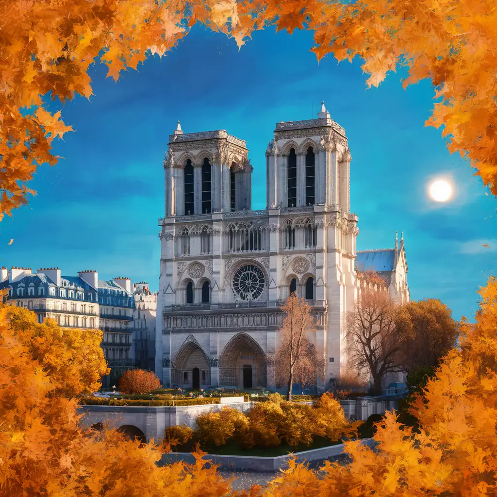 Notre-Dame of Paris Panorama, autumn, blue sky