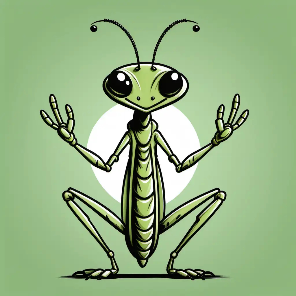 A cartoon smiling praying mantis; line drawing, like a looney tunes character, simple,