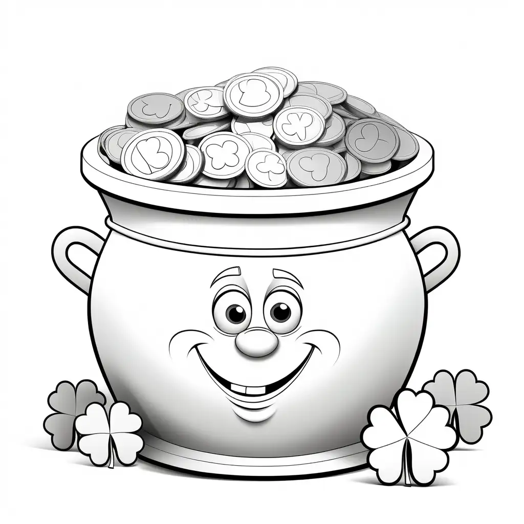 st.patrick's day or gold coin, pot , Coloring Page, black and white, line art, white background, Simplicity, Ample White Space. The background of the coloring page is plain white to make it easy for young children to color within the lines. The outlines of all the subjects are easy to distinguish, making it simple for kids to color without too much difficulty, Coloring Page, black and white, line art, white background, Simplicity, Ample White Space. The background of the coloring page is plain white to make it easy for young children to color within the lines. The outlines of all the subjects are easy to distinguish, making it simple for kids to color without too much difficulty