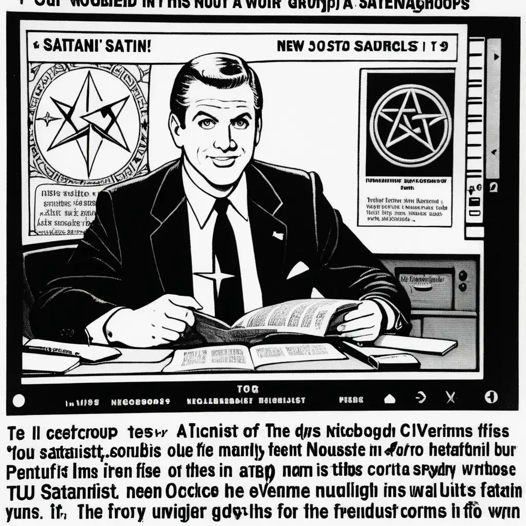 a TV newscaster reading a story about a group of Satanists; over his right shoulder is a picture of a pentagram; a news banner across the bottom of the screen says "Satanists in our neighborhoods!"