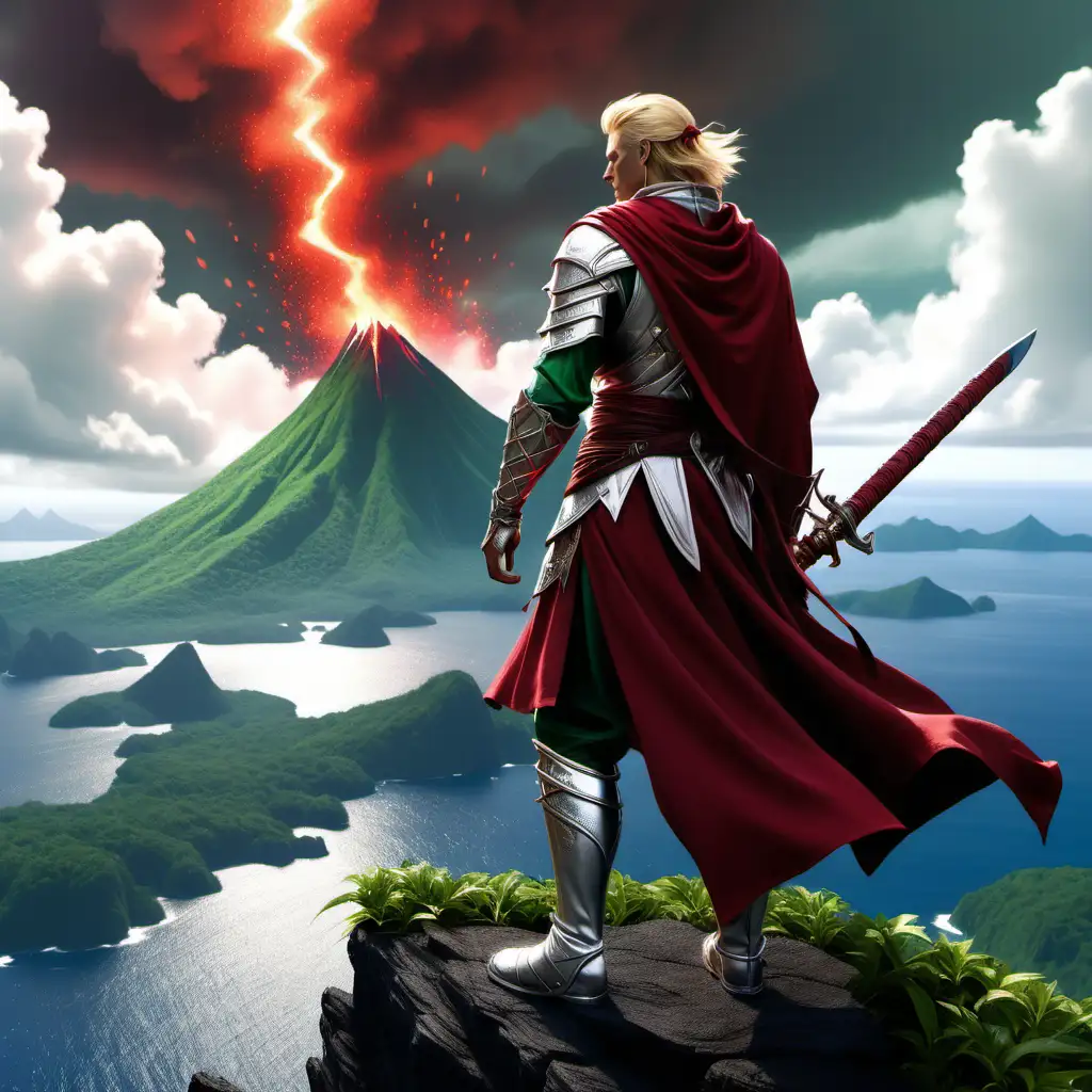 A blonde man in glowing silver, crimson, and forest green-accented fantasy garb faces away atop a peak toward a vista of verdant islands with mountainous volcanos in the midst of a great sea.  He has a scabbard attached to his back that directs toward his right shoulder.