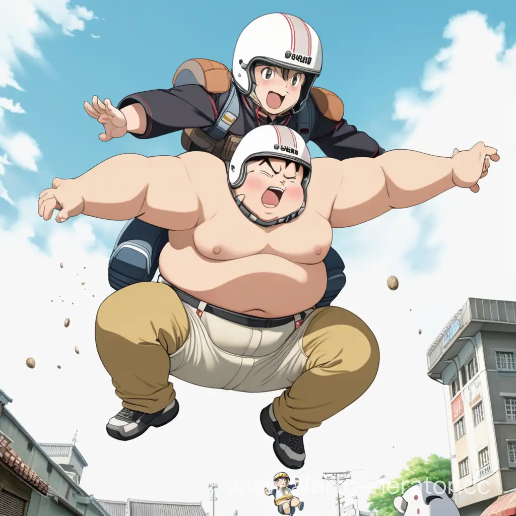 A fat man jumping over a boy wearing a helmet anime 