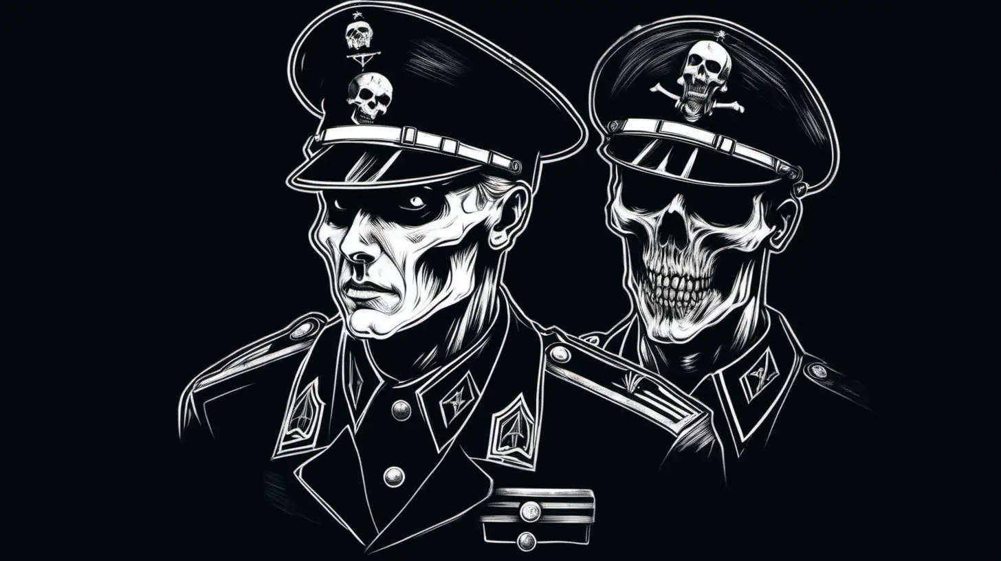 na czarnym tle biały szkic białym tuszem głowa oficera ss w czapce z czaszką, twarz oficera trupia jakby z horroru