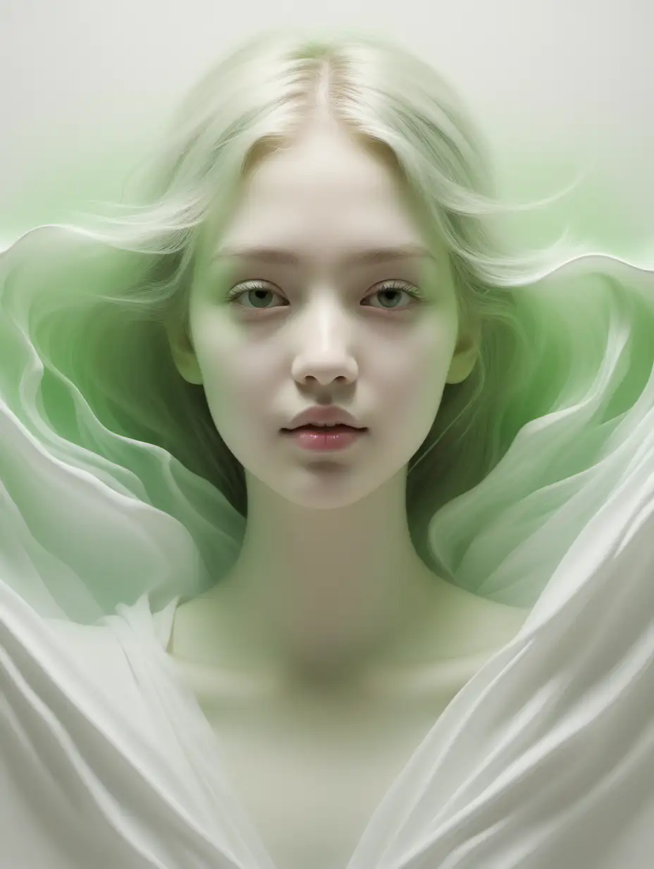 In the center, a [girl ] face [ADDITIONAL_DETAILS] emerges, gently revealing themselves. From this focal point, a soft gradient begins, subtly shifting from the purest [green] to a serene [white], spreading tranquility across the canvas. This composition, with its soft, pleasing colors, creates a harmonious and peaceful ambiance, inviting the viewer into a soothing, dreamlike experience.