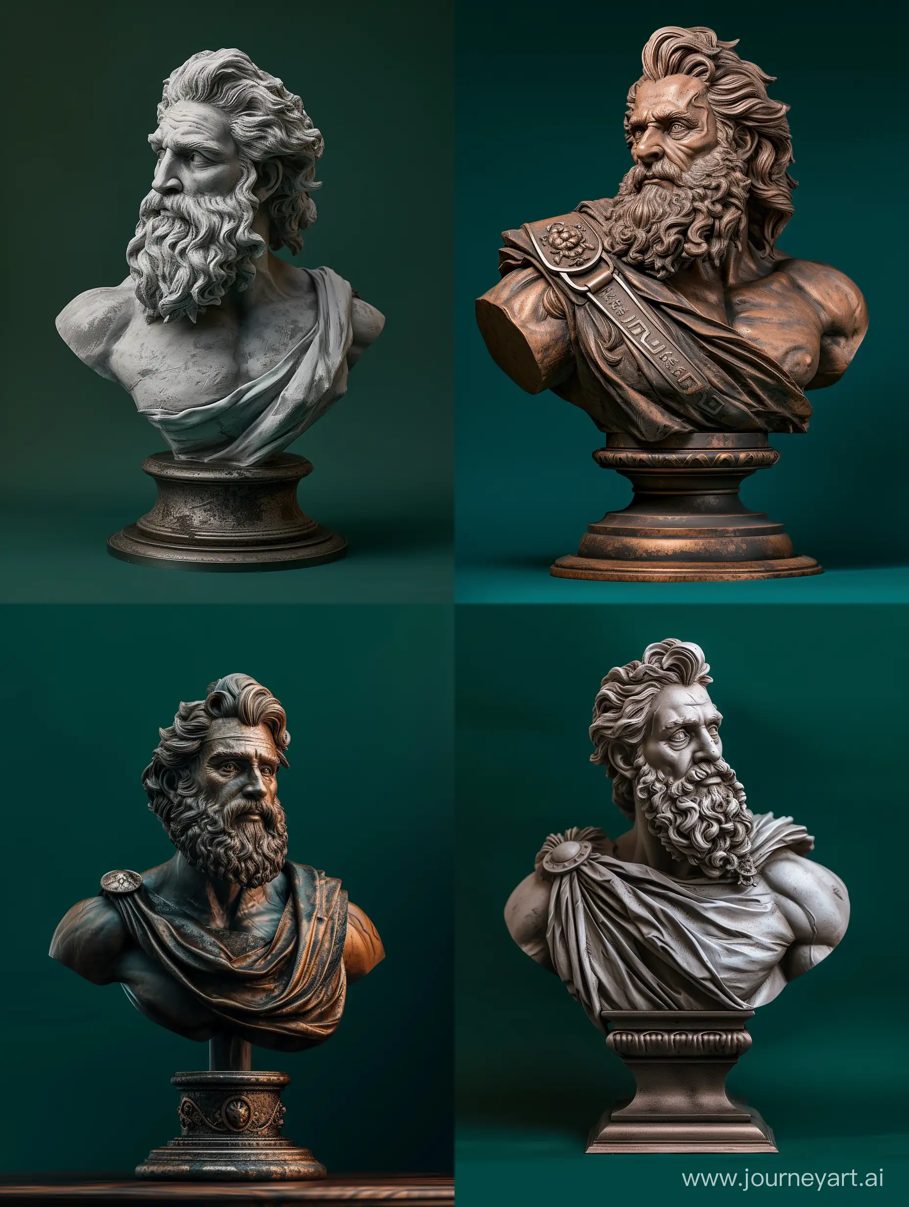 A Sculpture of Zeus Iron Base, Bust Style, Dark Green Background, Cinematic Pose, Wide Shot, High Precision --ar 3:4