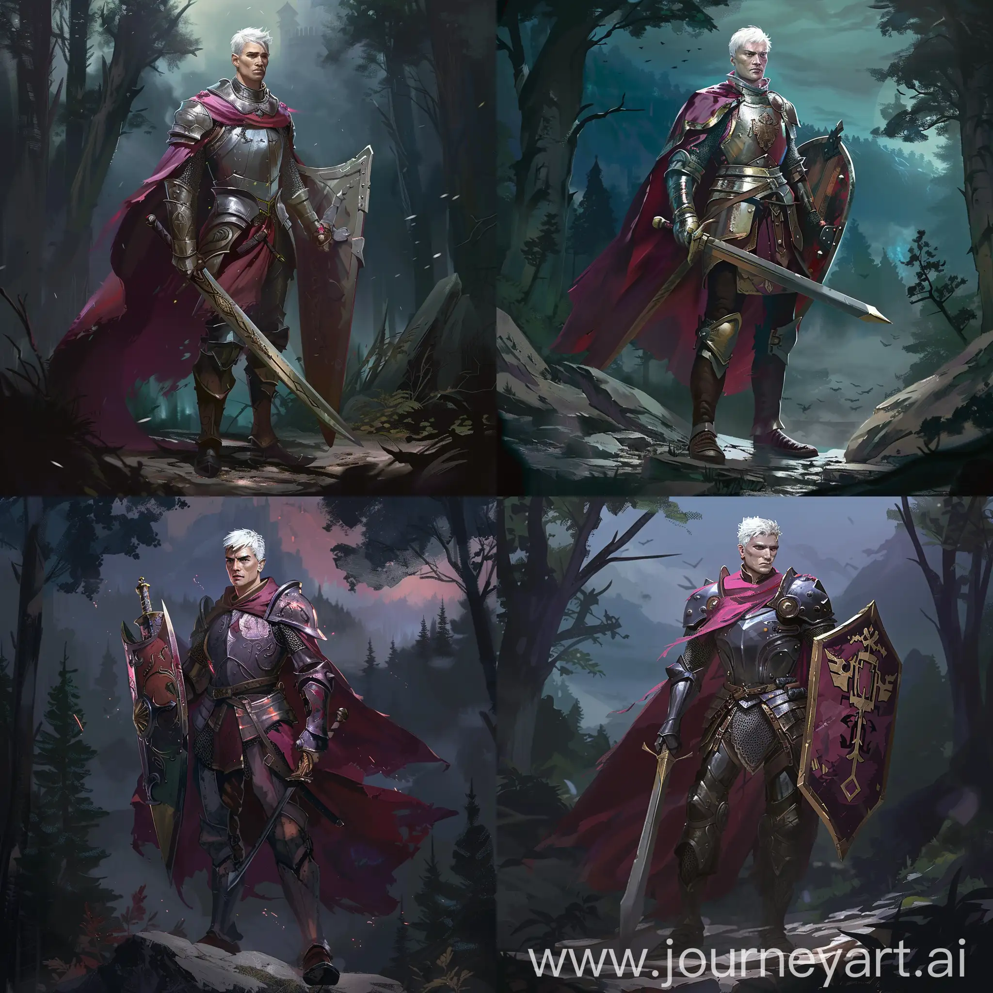 Draw a character from the Dungeons and Dragons universe according to the following description: he is male, human, with short white hair, paladin of a light deity, tall, wearing knight's armor with a crimson cloak, he has a tower shield and a sword, on a dark forest