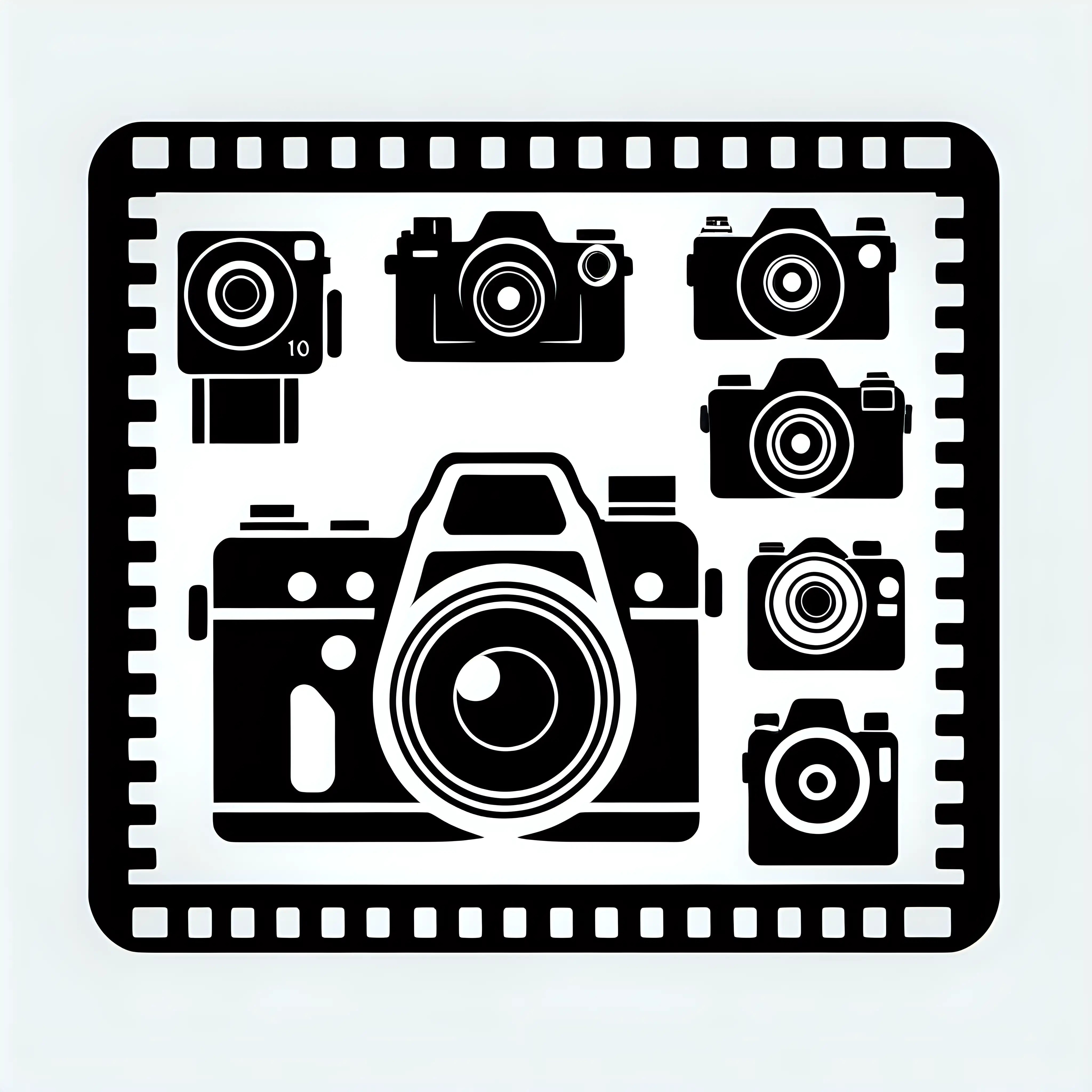 Make an art  for a photography and video business using iconography using only black and white colors and icons. The cameras should be black based on the design of top flagship professional photojournalism camera as the R3 Canon.  The camera is a silhouette like an icon. Cameras don't feature canon logos please. At the back ground a film frame should be like an old style negative film borders. 